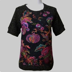 Anthropologie JAMES COVIELLO Metallic Brocade Front Short Sleeve Sweater Top S